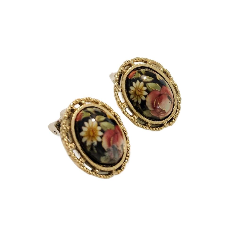 Vintage Porcelain Hand Painted Floral Clip on Earrings